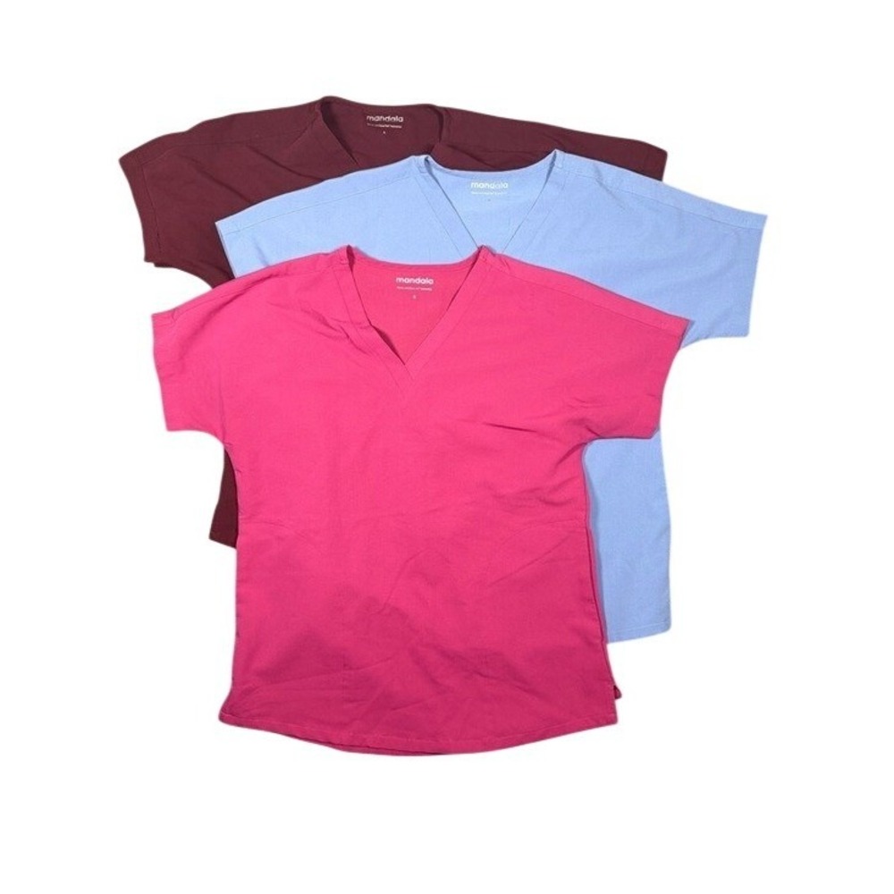 Mandala Scrub Tops Womens S Equa-Tek V-Neck Pink Blue Burgundy Lot of 3‎
